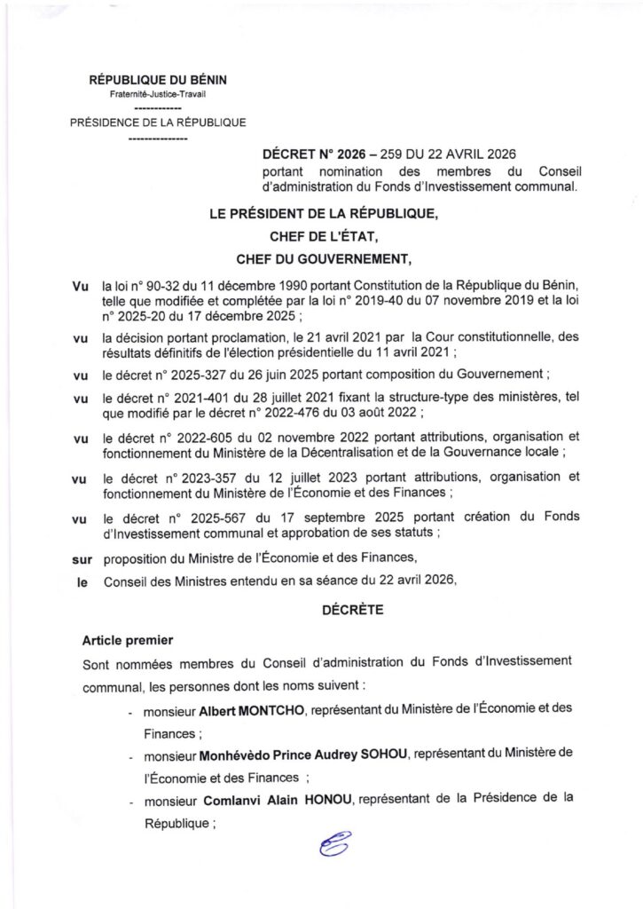 Bénin : le gouvernement nomme les membres du Conseil d’administration du Fonds d’Investissement communal